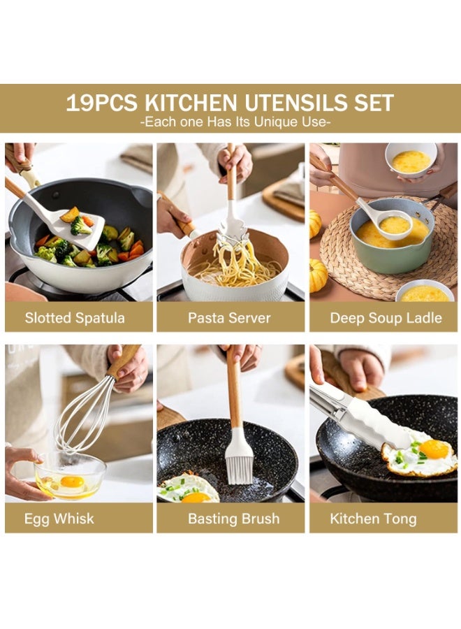 DubaiGallery طقم أدوات المطبخ الكامل 19 قطعة مع أدوات طهي سيليكون، مقابض خشبية، مجموعة سكاكين، لوح تقطيع، ملعقات وملاعق غير خادشة، أساسية يومية مقاومة للحرارة - Image 4